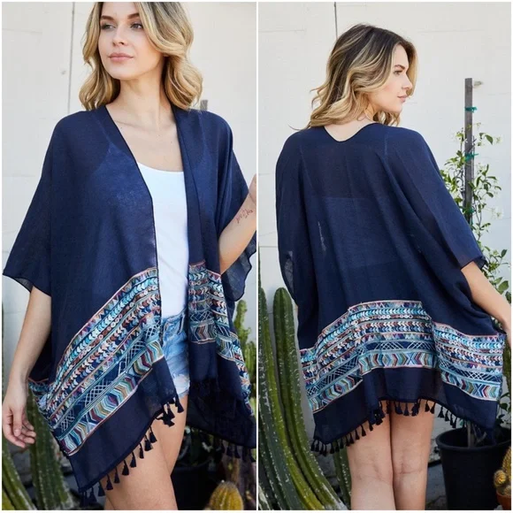 06 Boho Embroidered Tassel Open Front Kimono Cover up - Picture 4 of 4